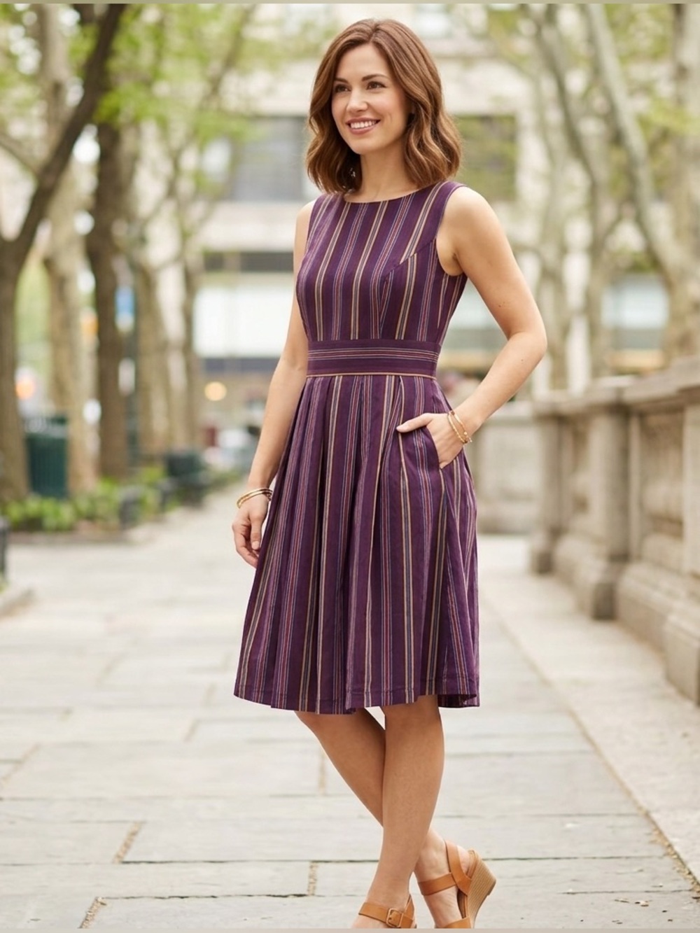 ModCloth Optimistic Effect Fit & Flare Career Dress Purple Striped Pockets Small